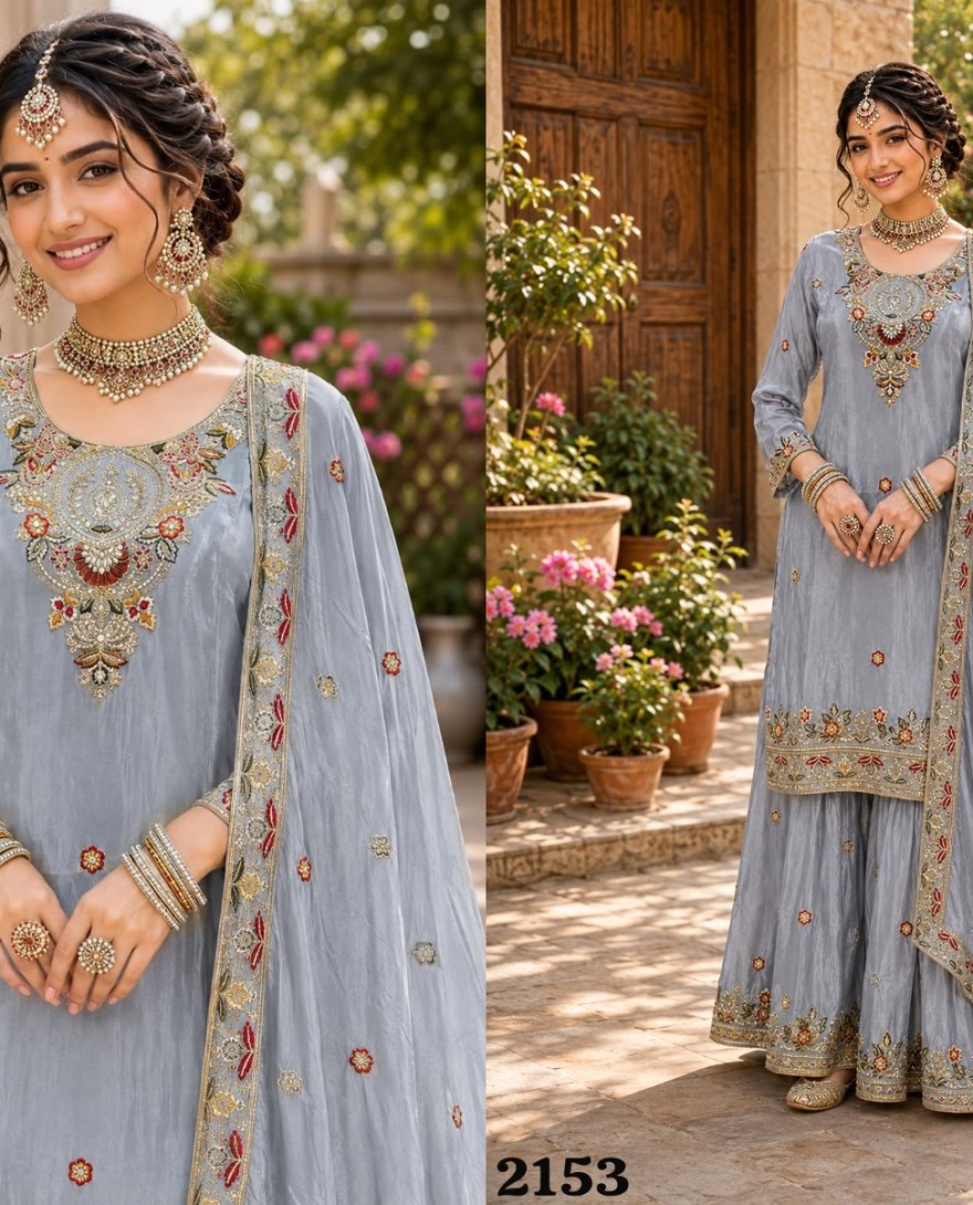GREY - Grey Embroidered Work Silk Salwar Suit