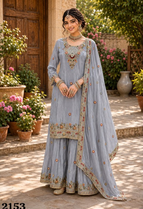 Grey Embroidered Work Silk Salwar Suit