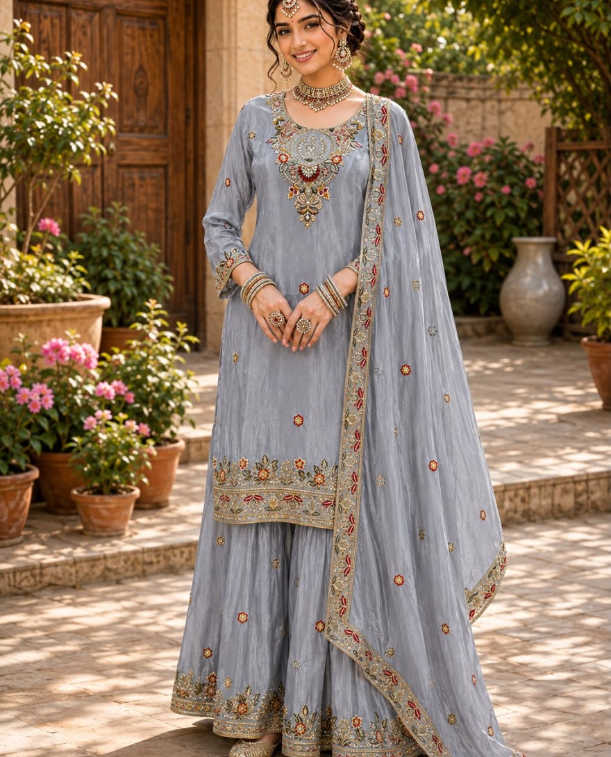 GREY - Grey Embroidered Work Silk Salwar Suit