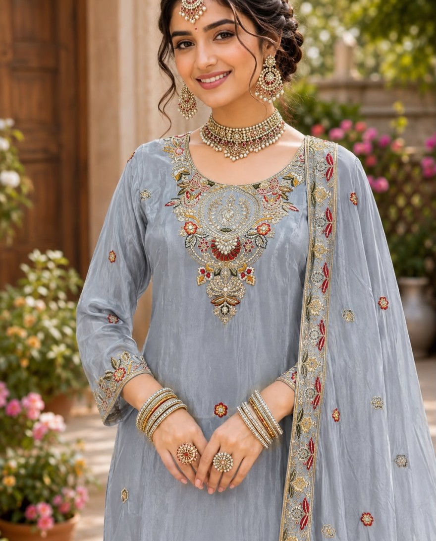 GREY - Grey Embroidered Work Silk Salwar Suit
