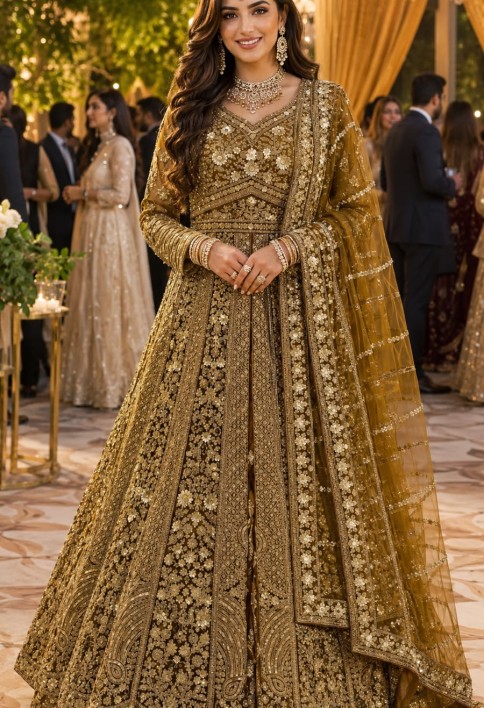Readymade Lehenga Choli Embroidered Net in Mustard