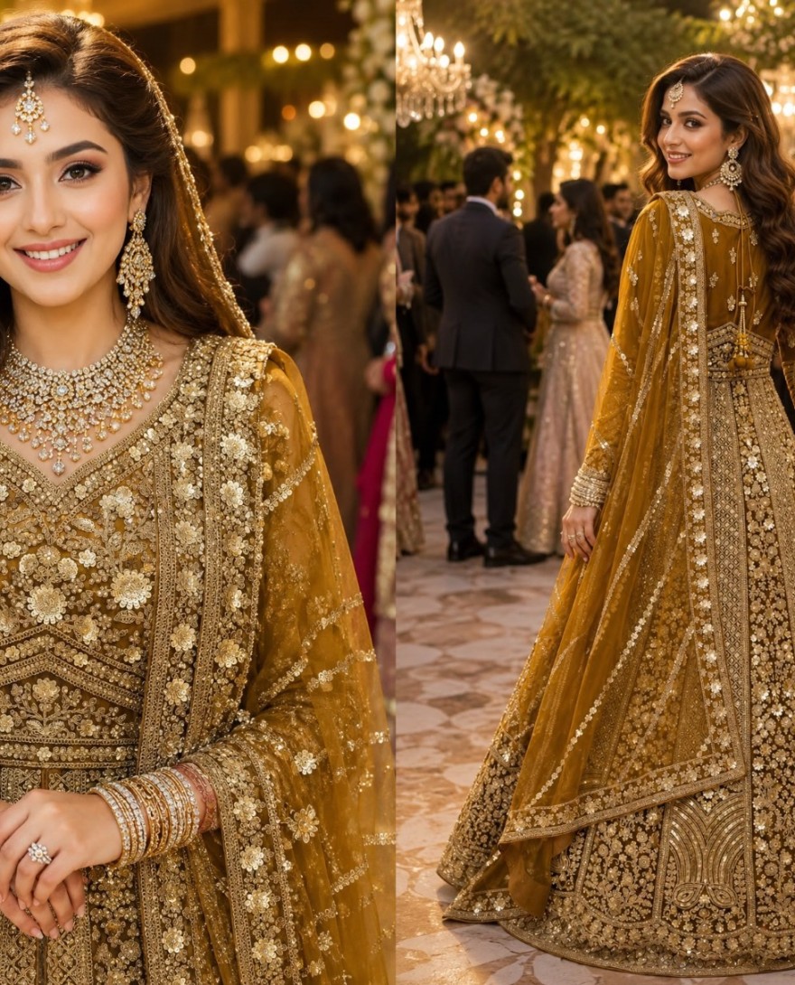 MUSTARD - Readymade Lehenga Choli Embroidered Net in Mustard
