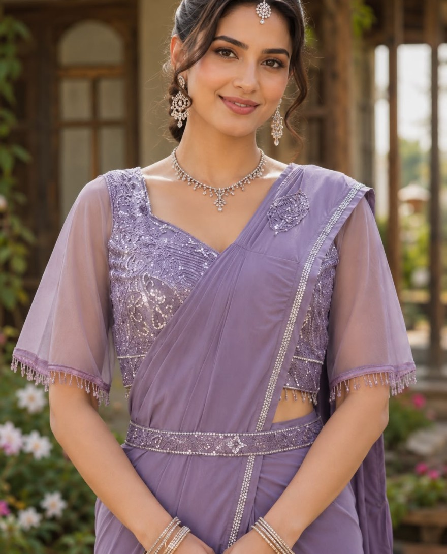 LAVENDER - Lavender Lycra Contemporary Sari with Embroidered Work