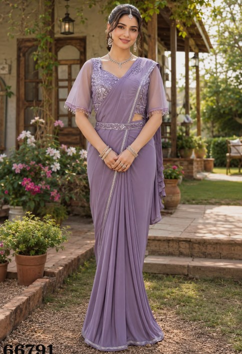 Lavender Lycra Contemporary Sari with Embroidered Work