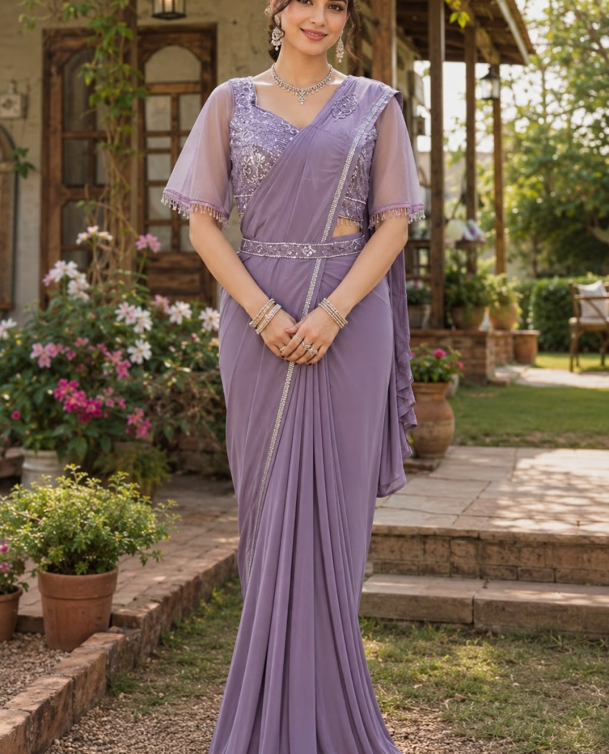 LAVENDER - Lavender Lycra Contemporary Sari with Embroidered Work