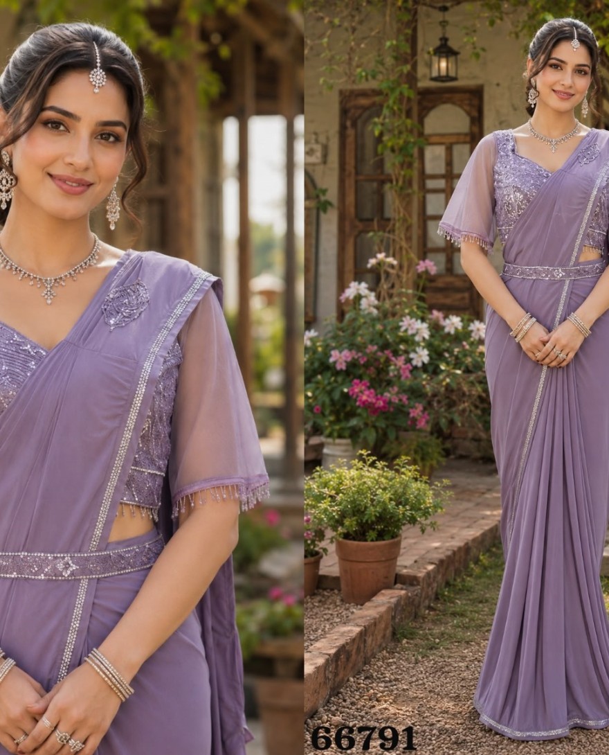 LAVENDER - Lavender Lycra Contemporary Sari with Embroidered Work