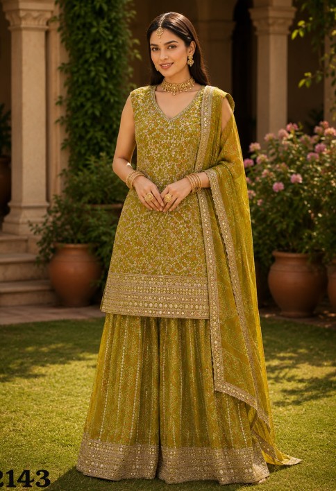 Green color Georgette Salwar Suit with Embroidered