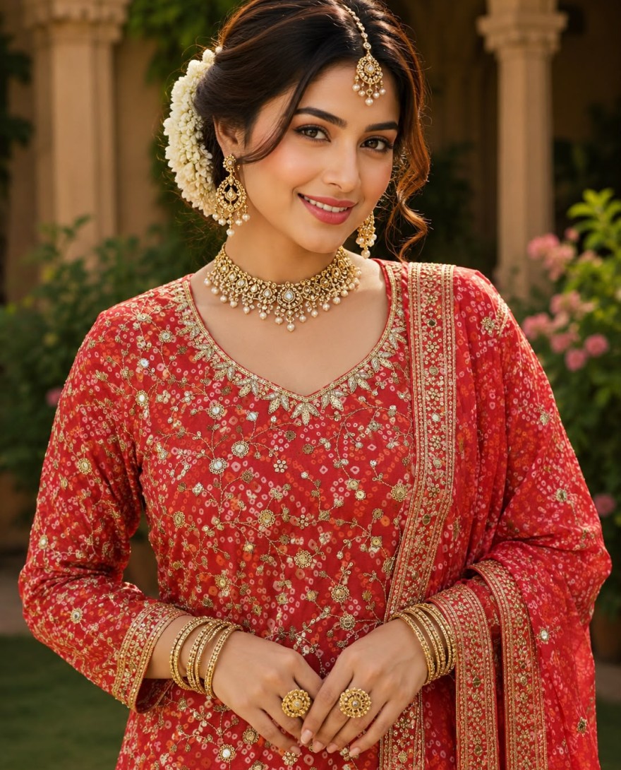 RED - Red Faux Georgette Palazzo Salwar Suit with Embroidered, Print and Sequins Work