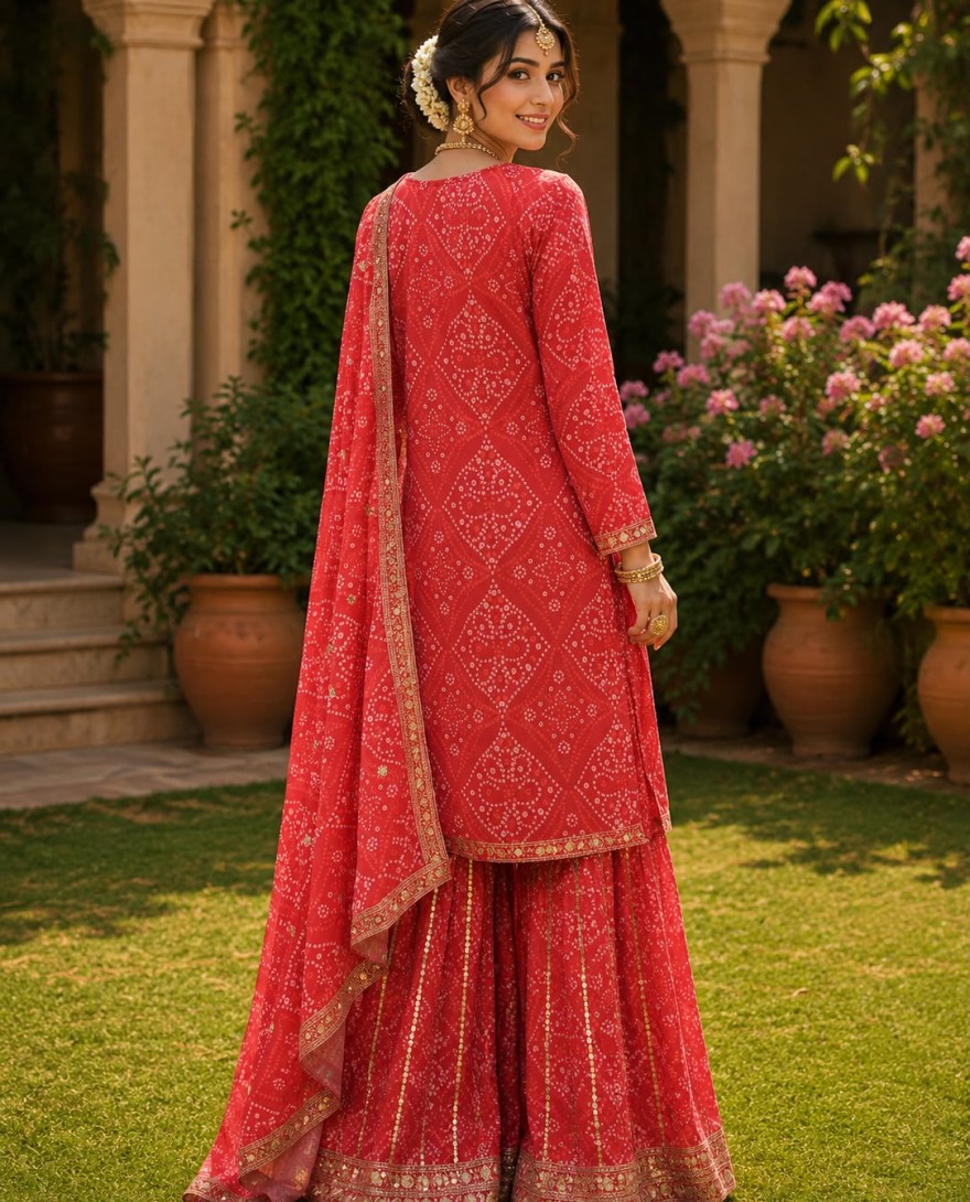 RED - Red Faux Georgette Palazzo Salwar Suit with Embroidered, Print and Sequins Work