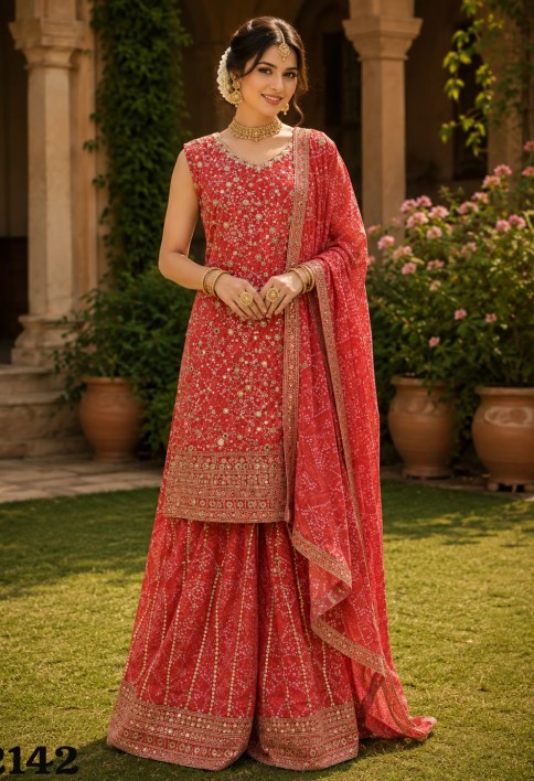Red Faux Georgette Palazzo Salwar Suit with Embroidered, Print and Sequins Work