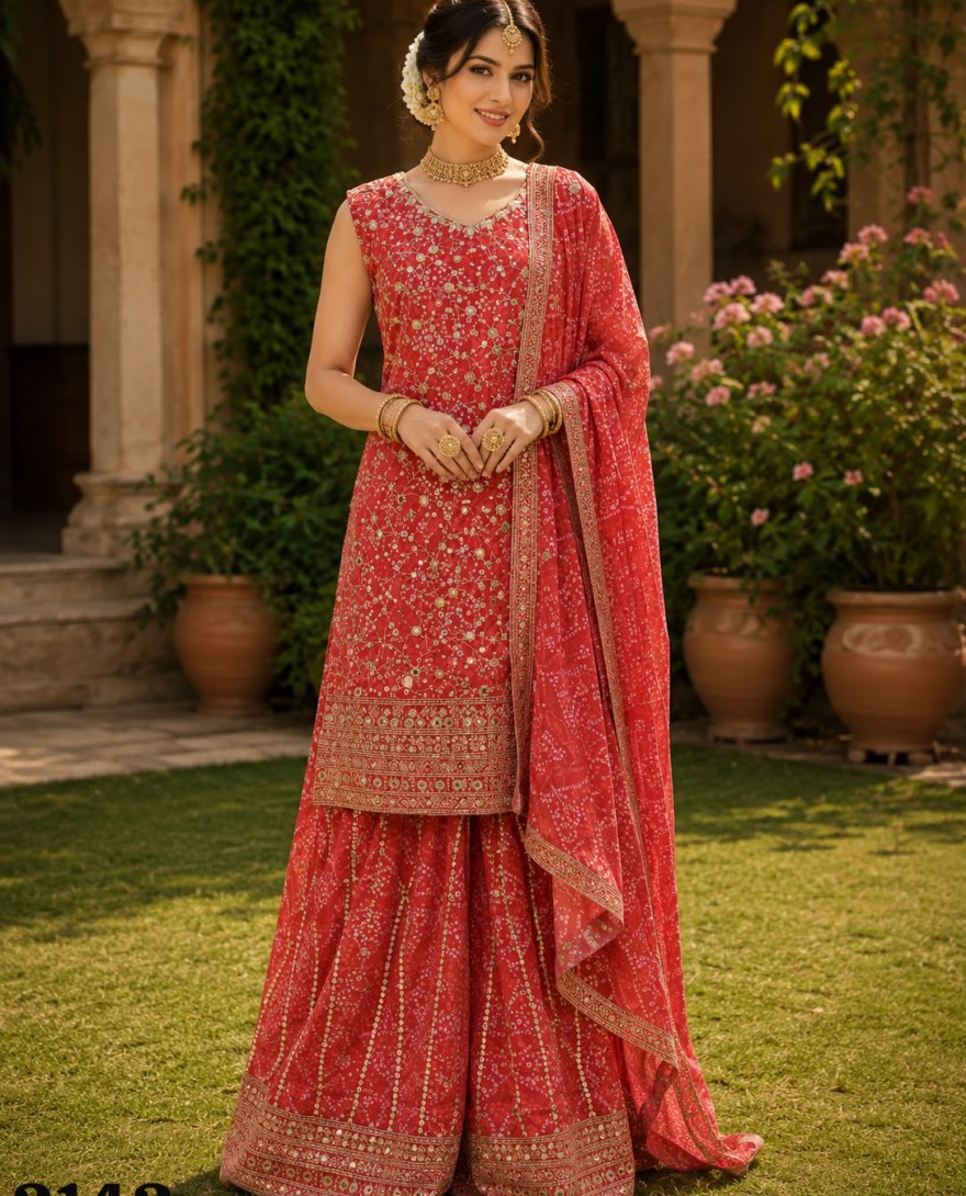 RED - Red Faux Georgette Palazzo Salwar Suit with Embroidered, Print and Sequins Work