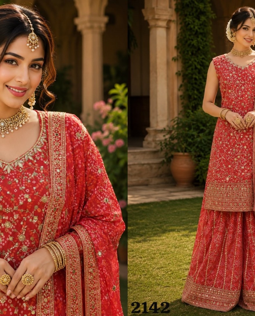 RED - Red Faux Georgette Palazzo Salwar Suit with Embroidered, Print and Sequins Work