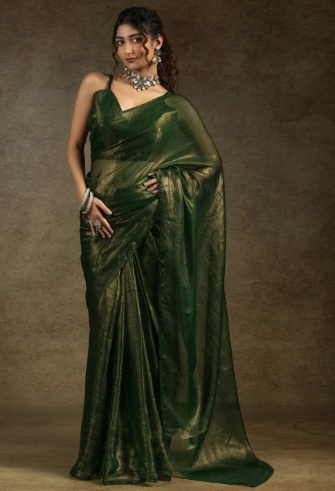 Tantalizing Green Chiffon Pre-Stitched Bollywood Saree With Blouse