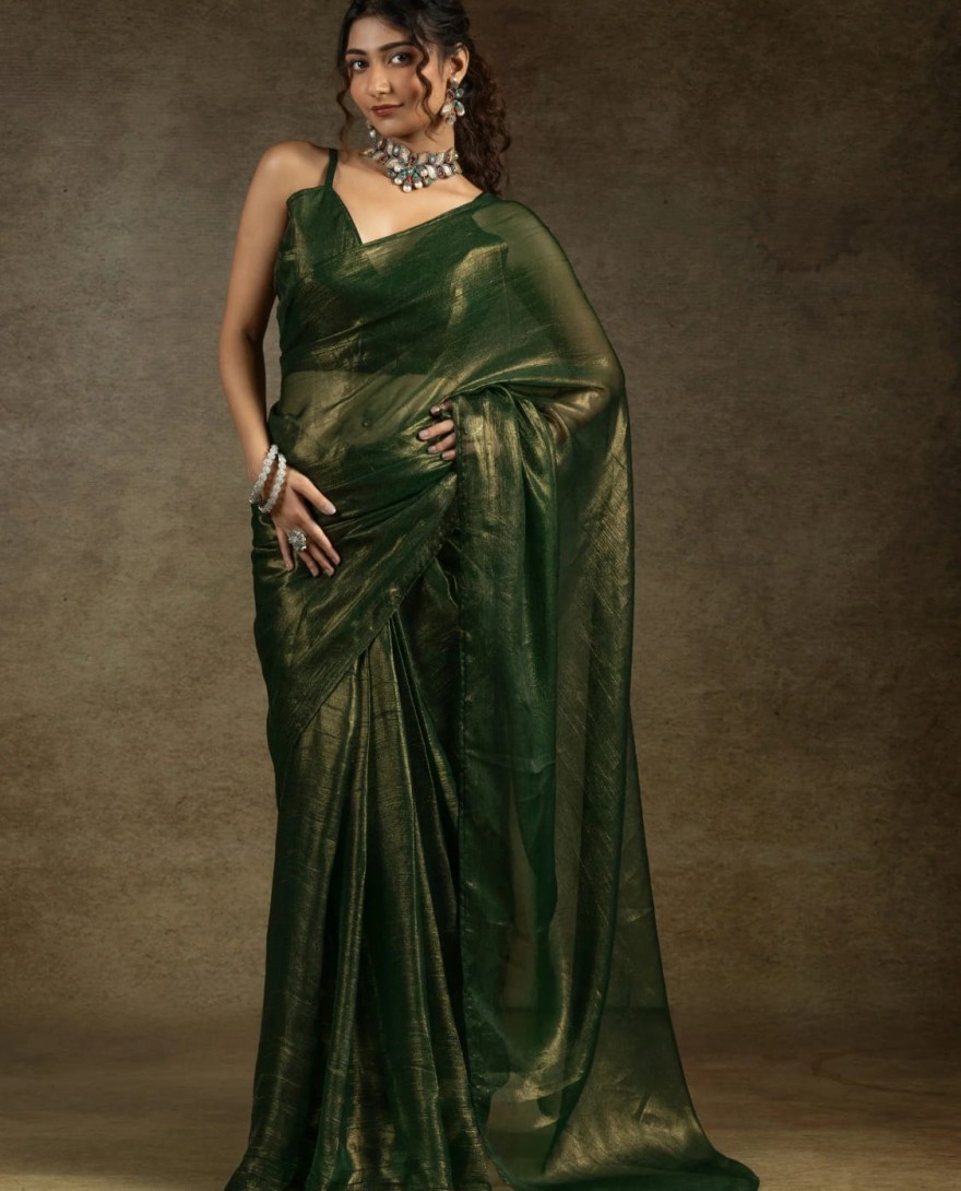 1green - Tantalizing Green Chiffon Pre-Stitched Bollywood Saree With Blouse