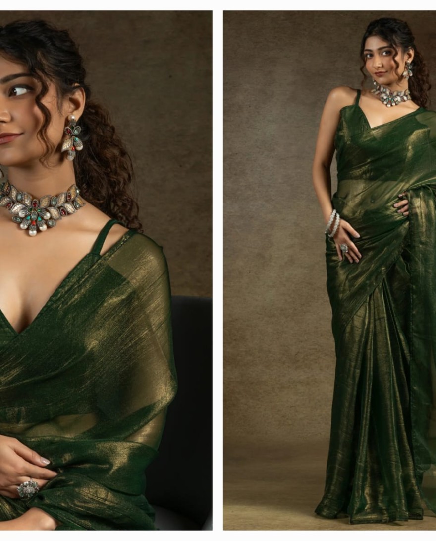 1green - Tantalizing Green Chiffon Pre-Stitched Bollywood Saree With Blouse