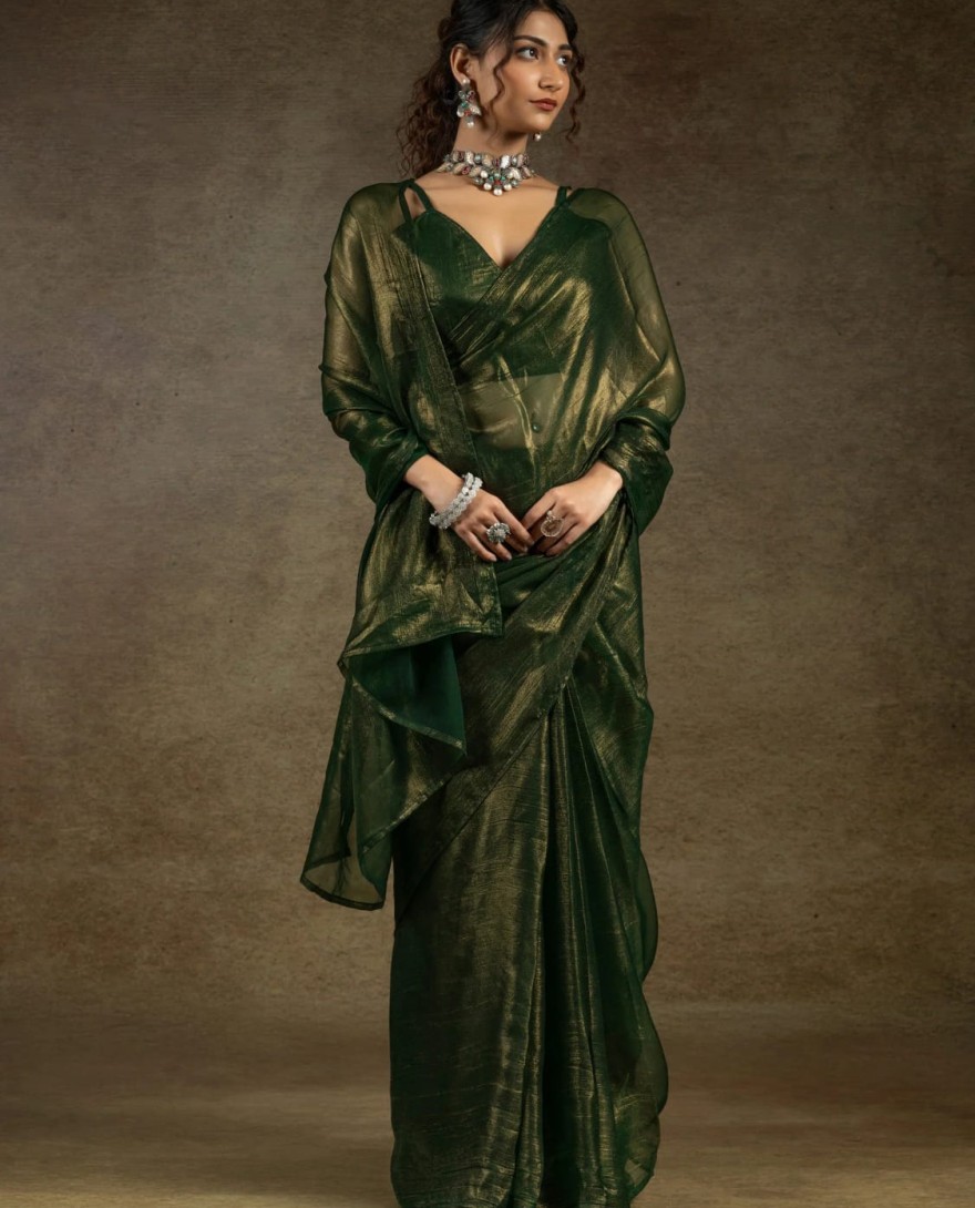 1green - Tantalizing Green Chiffon Pre-Stitched Bollywood Saree With Blouse