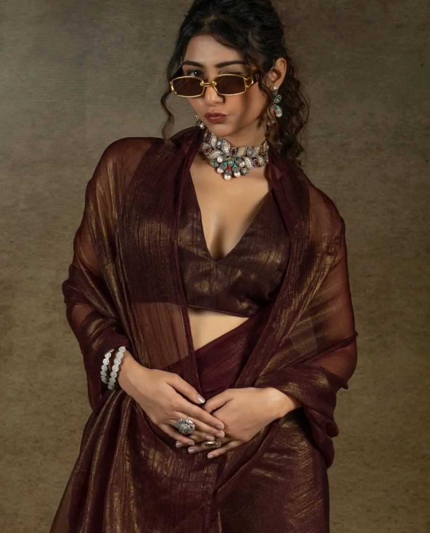 Brown108 - Enchanting Brown Chiffon Reception Wear Pre-Stitched Saree