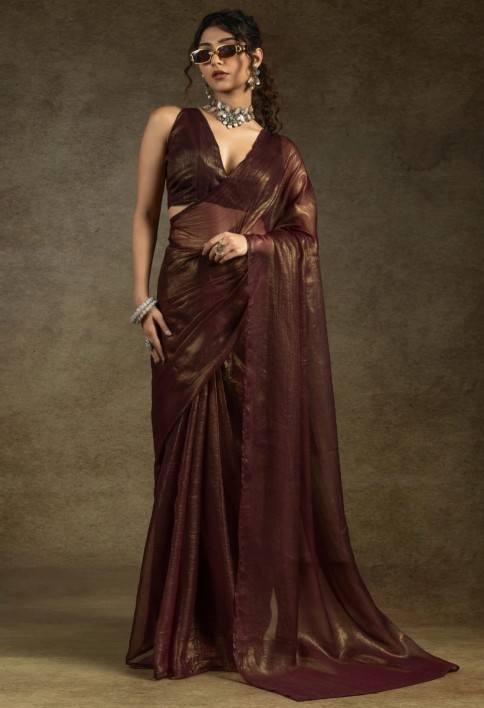Enchanting Brown Chiffon Reception Wear Pre-Stitched Saree