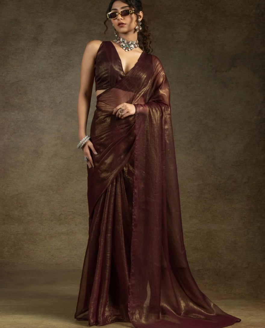 Brown108 - Enchanting Brown Chiffon Reception Wear Pre-Stitched Saree