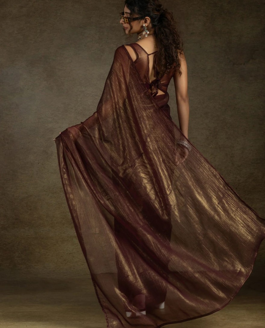 Brown108 - Enchanting Brown Chiffon Reception Wear Pre-Stitched Saree