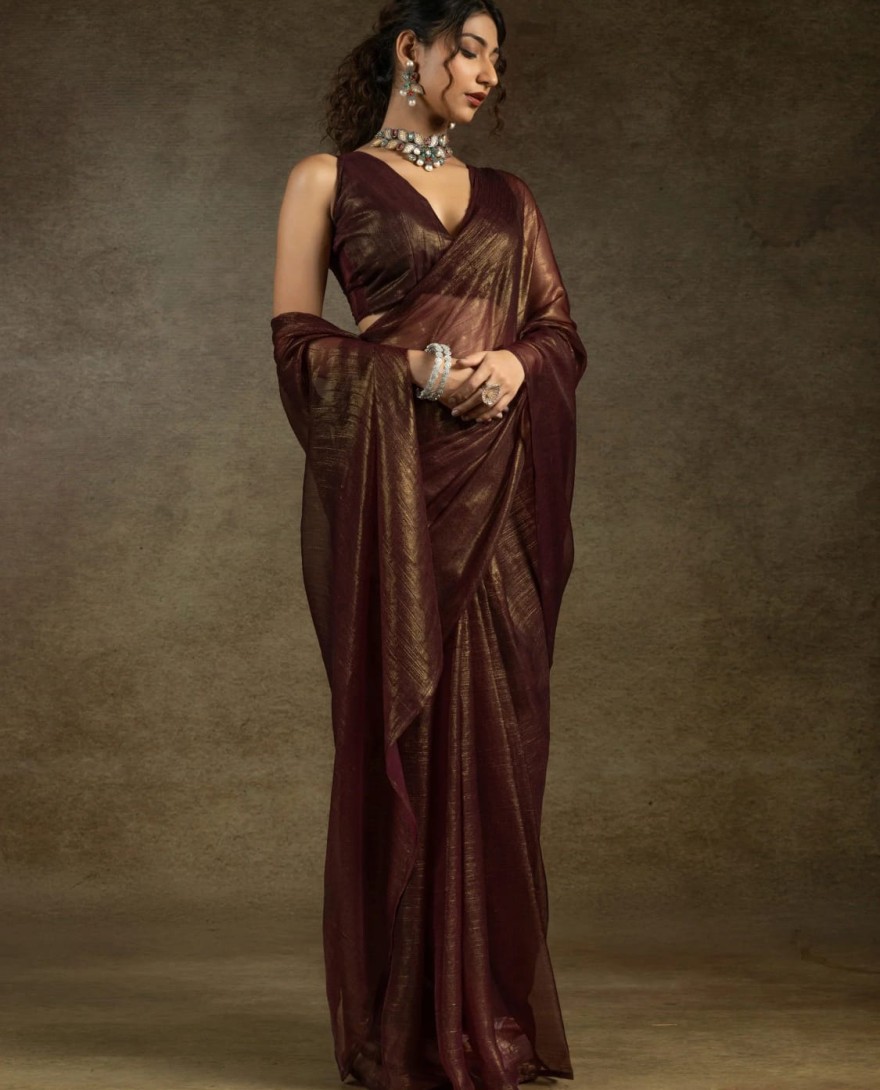 Brown108 - Enchanting Brown Chiffon Reception Wear Pre-Stitched Saree