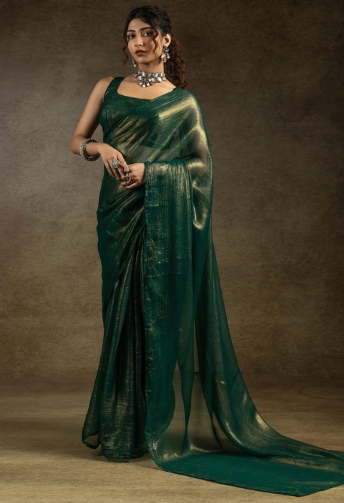 Glamorous Green Chiffon Designer Pre-Stitched Saree With Blouse