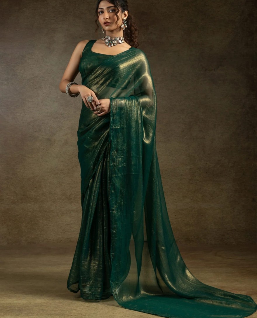 105green - Glamorous Green Chiffon Designer Pre-Stitched Saree With Blouse