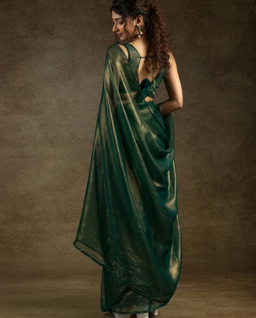 105green - Glamorous Green Chiffon Designer Pre-Stitched Saree With Blouse