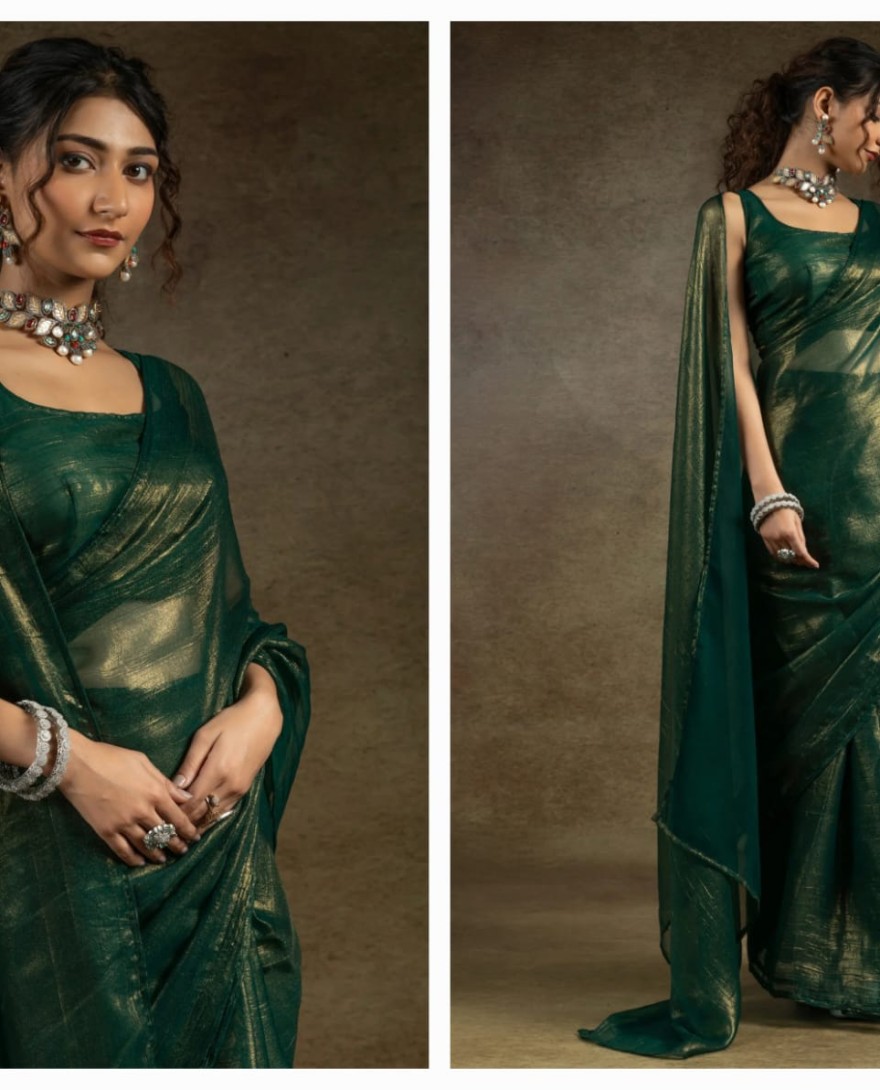 105green - Glamorous Green Chiffon Designer Pre-Stitched Saree With Blouse