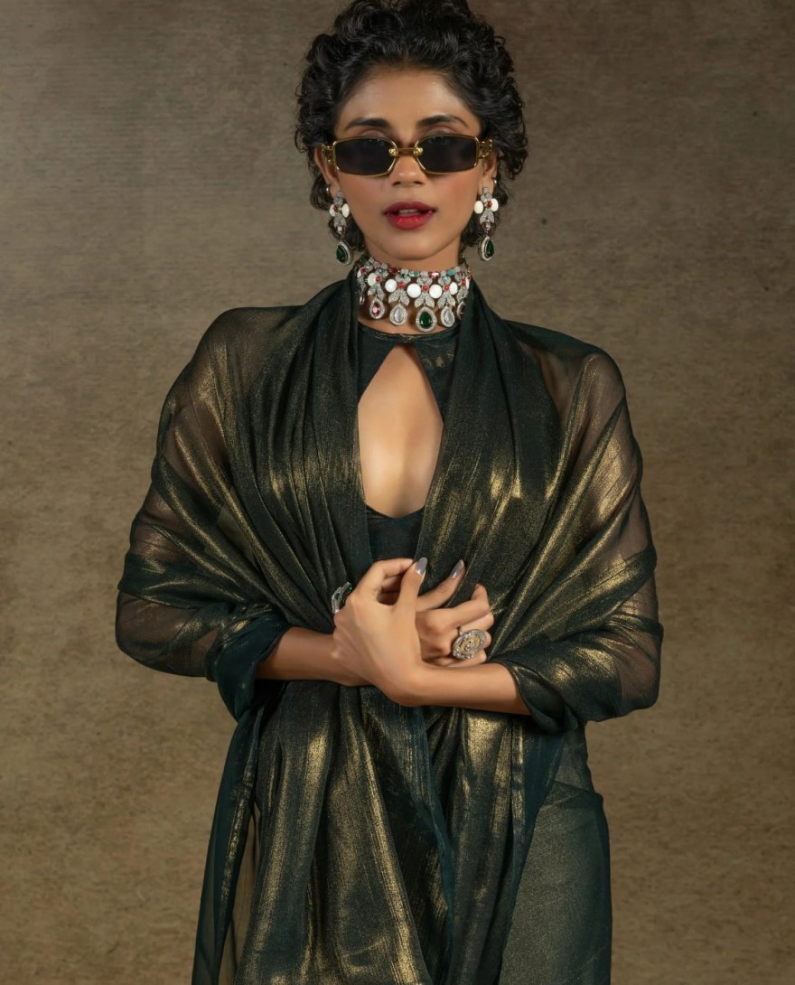 Olive107 - Charming Olive-Green Chiffon Party Wear Pre-Stitched Saree With Blouse