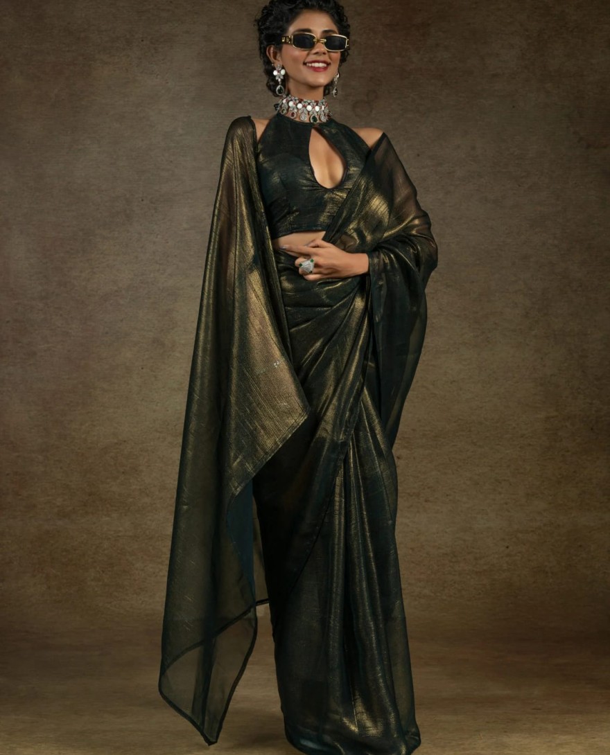 Olive107 - Charming Olive-Green Chiffon Party Wear Pre-Stitched Saree With Blouse