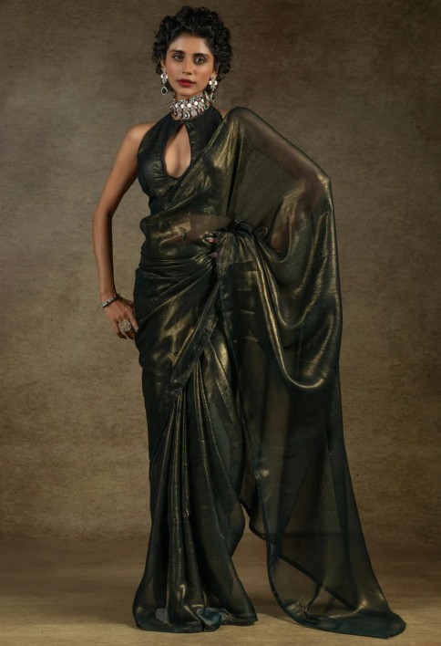 Charming Olive-Green Chiffon Party Wear Pre-Stitched Saree With Blouse