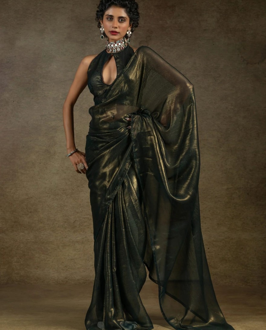 Olive107 - Charming Olive-Green Chiffon Party Wear Pre-Stitched Saree With Blouse