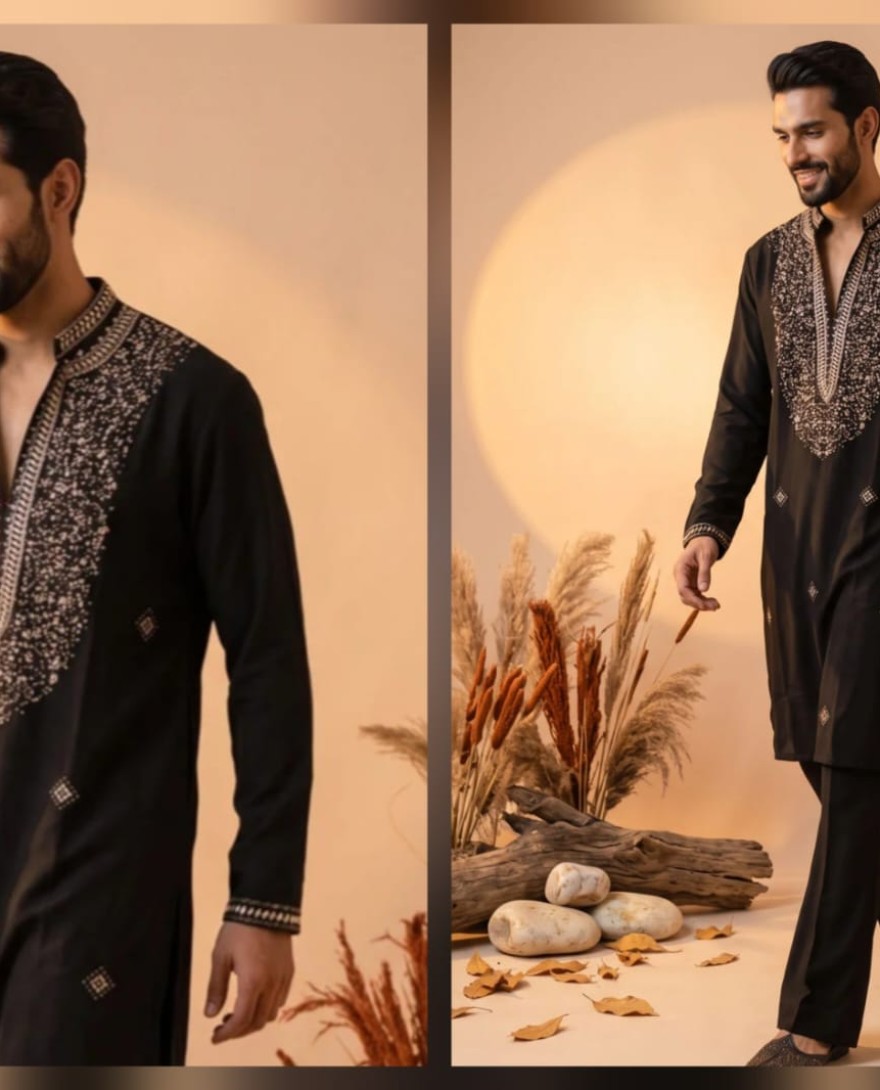 BLACK - Black Hand Work Lachka Kurta Pyjama