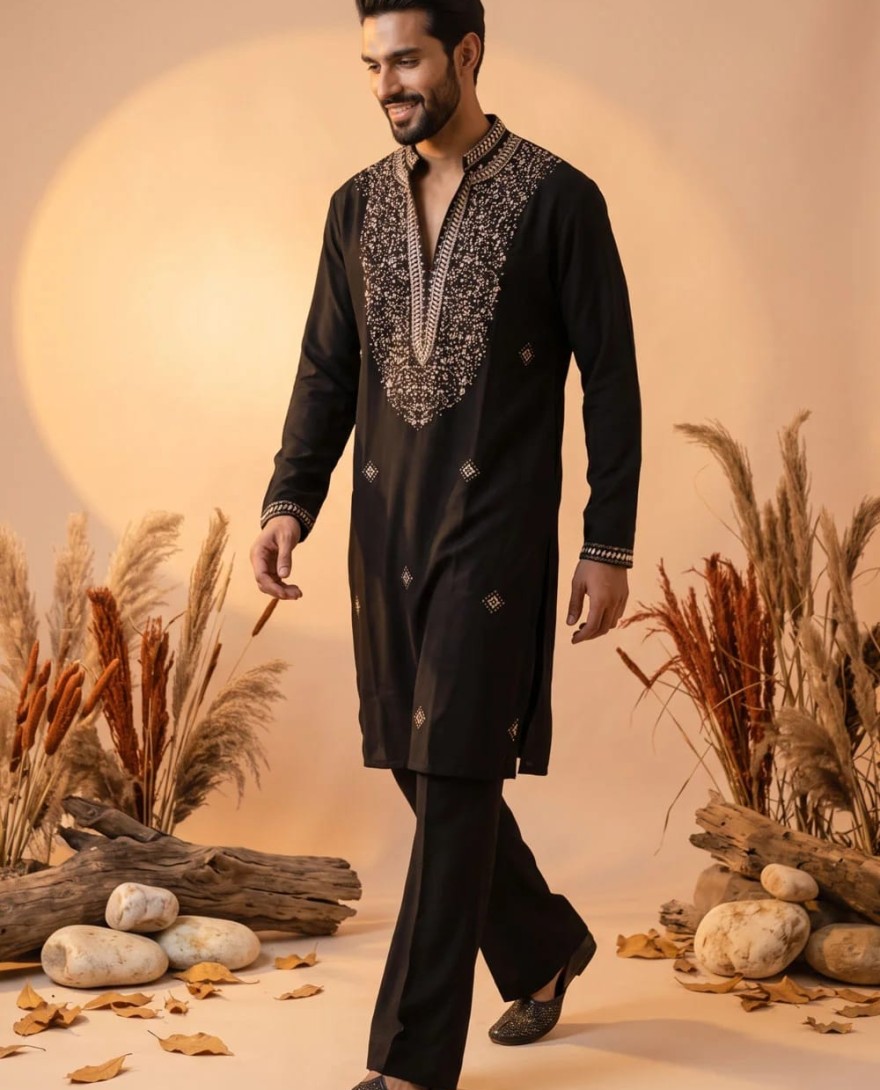 BLACK - Black Hand Work Lachka Kurta Pyjama