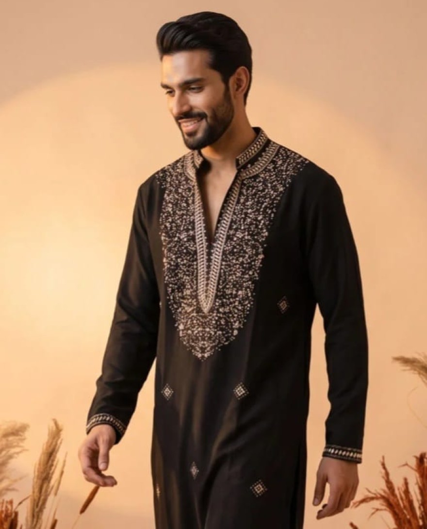 BLACK - Black Hand Work Lachka Kurta Pyjama