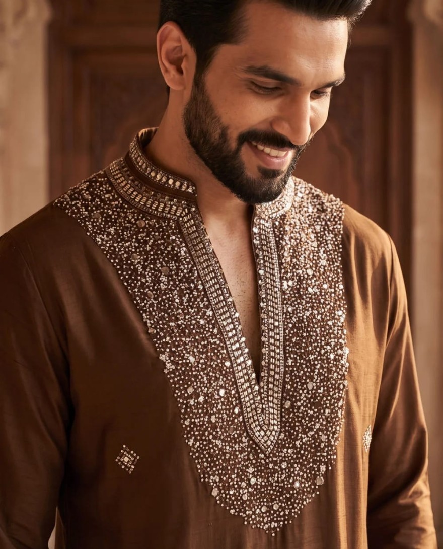 BROWN - Brown Lachka Kurta Pyjama with Hand Work for Ceremonial