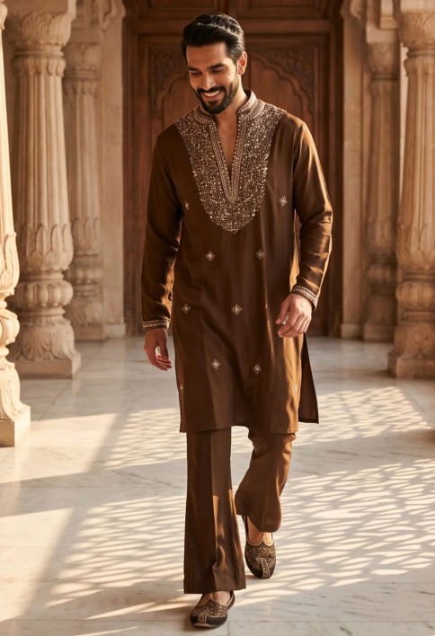 Brown Lachka Kurta Pyjama with Hand Work for Ceremonial