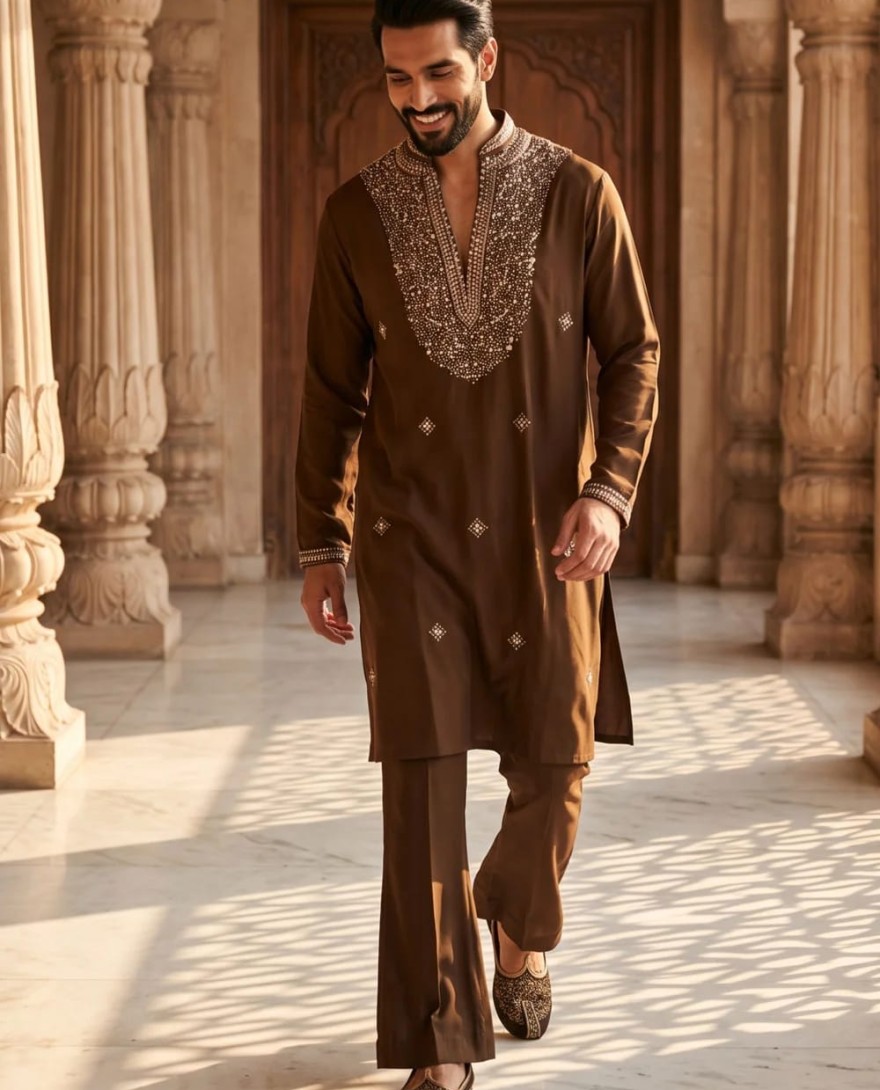 BROWN - Brown Lachka Kurta Pyjama with Hand Work for Ceremonial