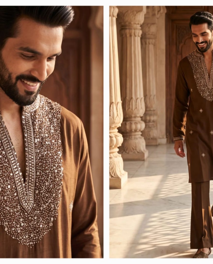 BROWN - Brown Lachka Kurta Pyjama with Hand Work for Ceremonial