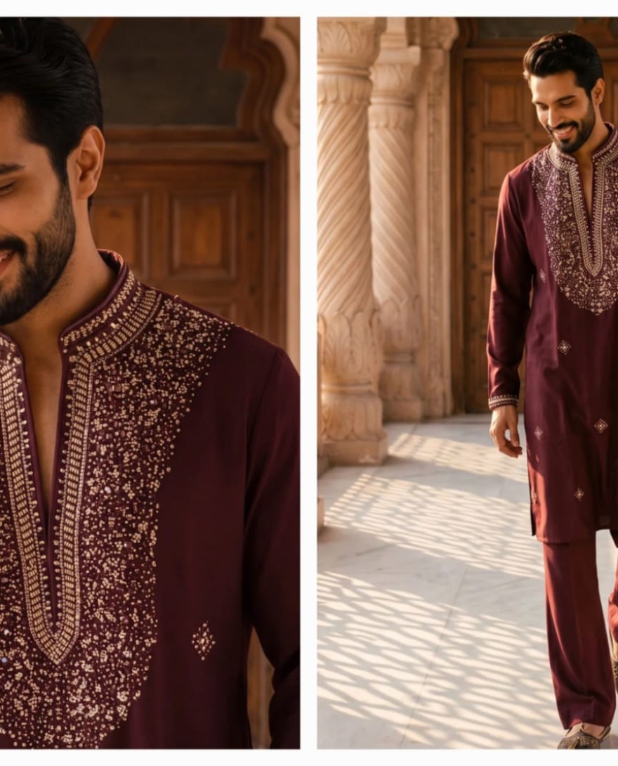 MAROON - Men Wine Lachka Kurta Pyjama with Hand Work