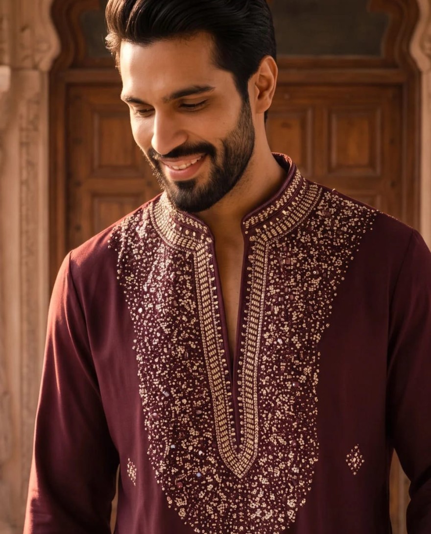 MAROON - Men Wine Lachka Kurta Pyjama with Hand Work