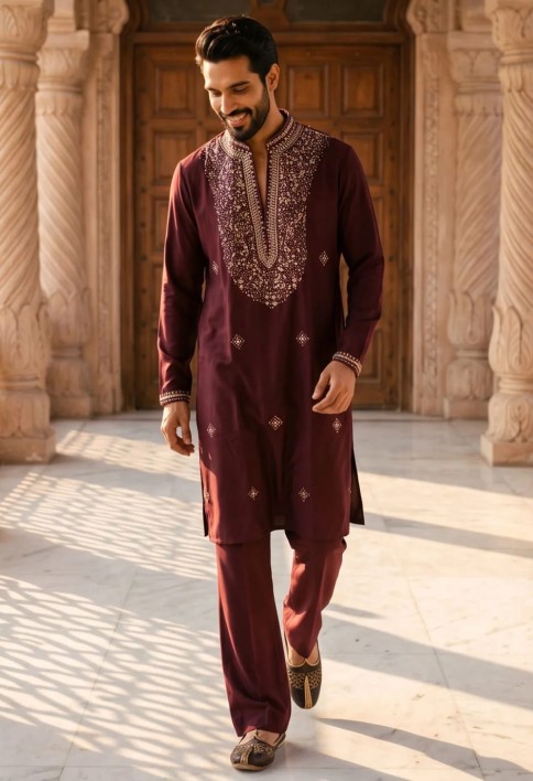Men Wine Lachka Kurta Pyjama with Hand Work