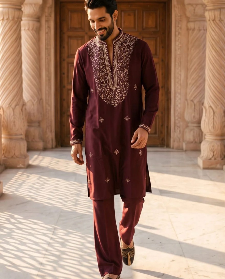 MAROON - Men Wine Lachka Kurta Pyjama with Hand Work