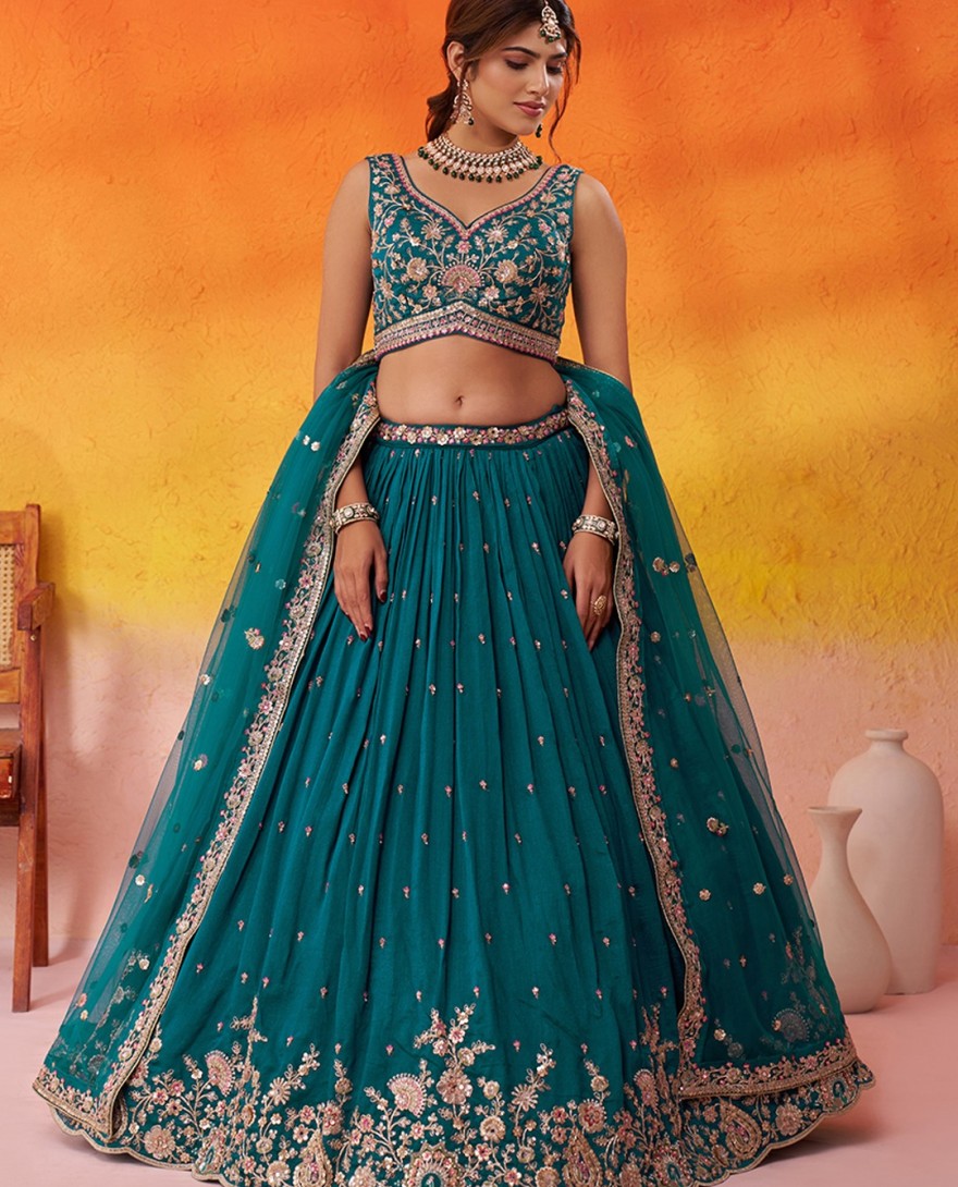 BLUE - Georgette Trendy Lehenga Choli with Beads Work for Festival in Teal