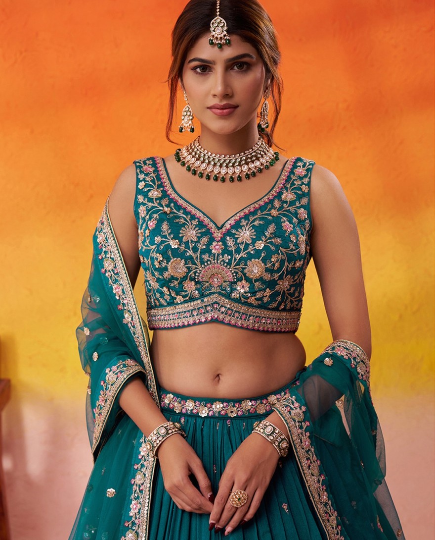 BLUE - Georgette Trendy Lehenga Choli with Beads Work for Festival in Teal