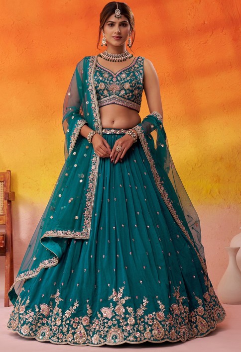 Georgette Trendy Lehenga Choli with Beads Work for Festival in Teal
