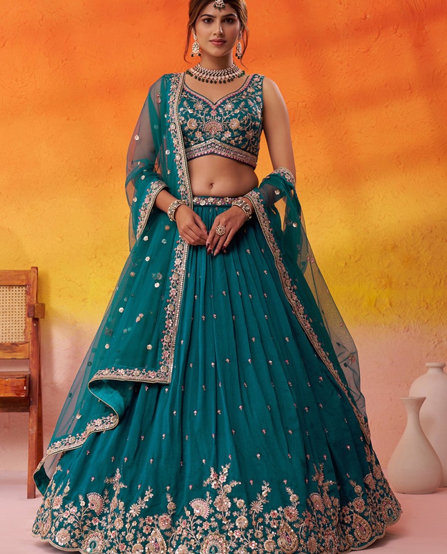 BLUE - Georgette Trendy Lehenga Choli with Beads Work for Festival in Teal