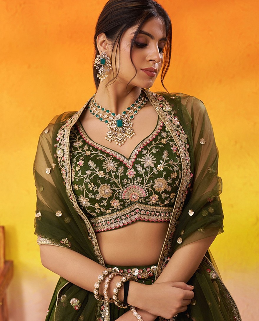 GREEN - Georgette Trendy Lehenga Choli with Beads Work in Green