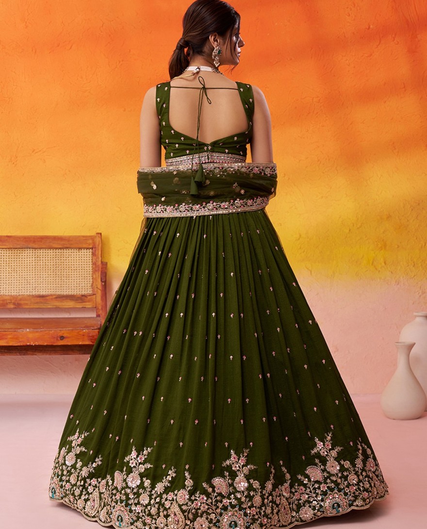 GREEN - Georgette Trendy Lehenga Choli with Beads Work in Green
